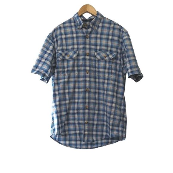 Duluth Trading Co Short Sleeve Blue White Plaid Button Up Shirt Men's Medium - Picture 1 of 4